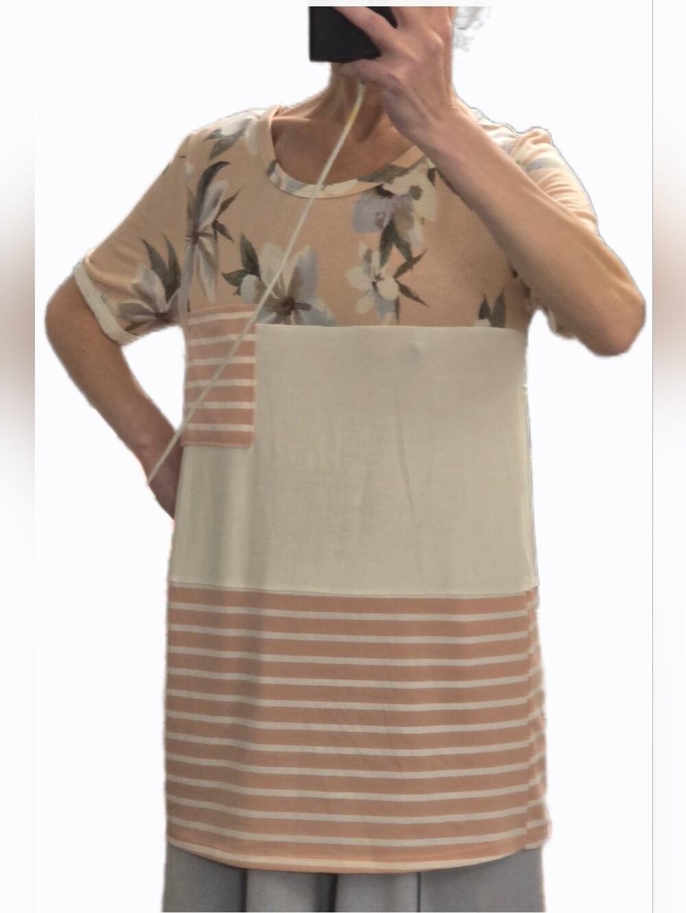 Macaron Floral & Stripe Block Tunic Top in Blush and Cream Sz S